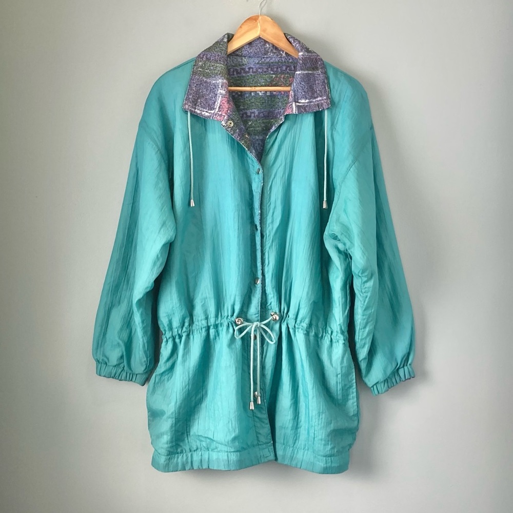 80s Vintage Windbreaker Nylon Jacket Fleece Blanket Lining Teal Green L - 1X